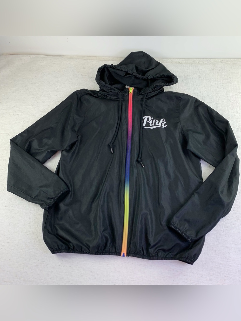 PINK women's Black long sleeve hooded Windbreaker Jacket with Rainbow Zipper